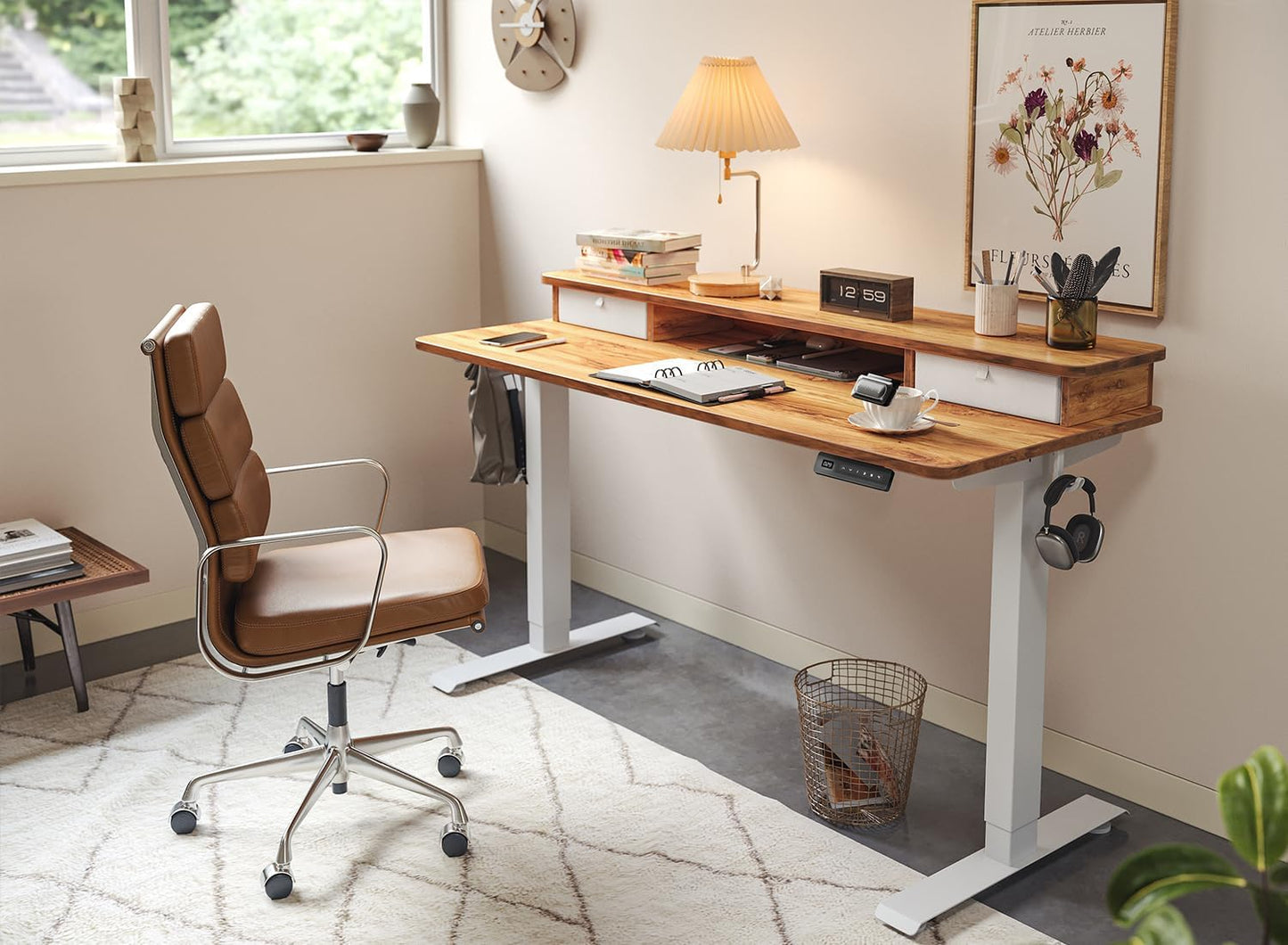 40 X 24 Inch Height Adjustable Electric Standing Desk with Double Drawer, Computer Desk, Home Office Stand up Table with 4 Height-Adjustable Feets & 2 Hooks, Light Rustic