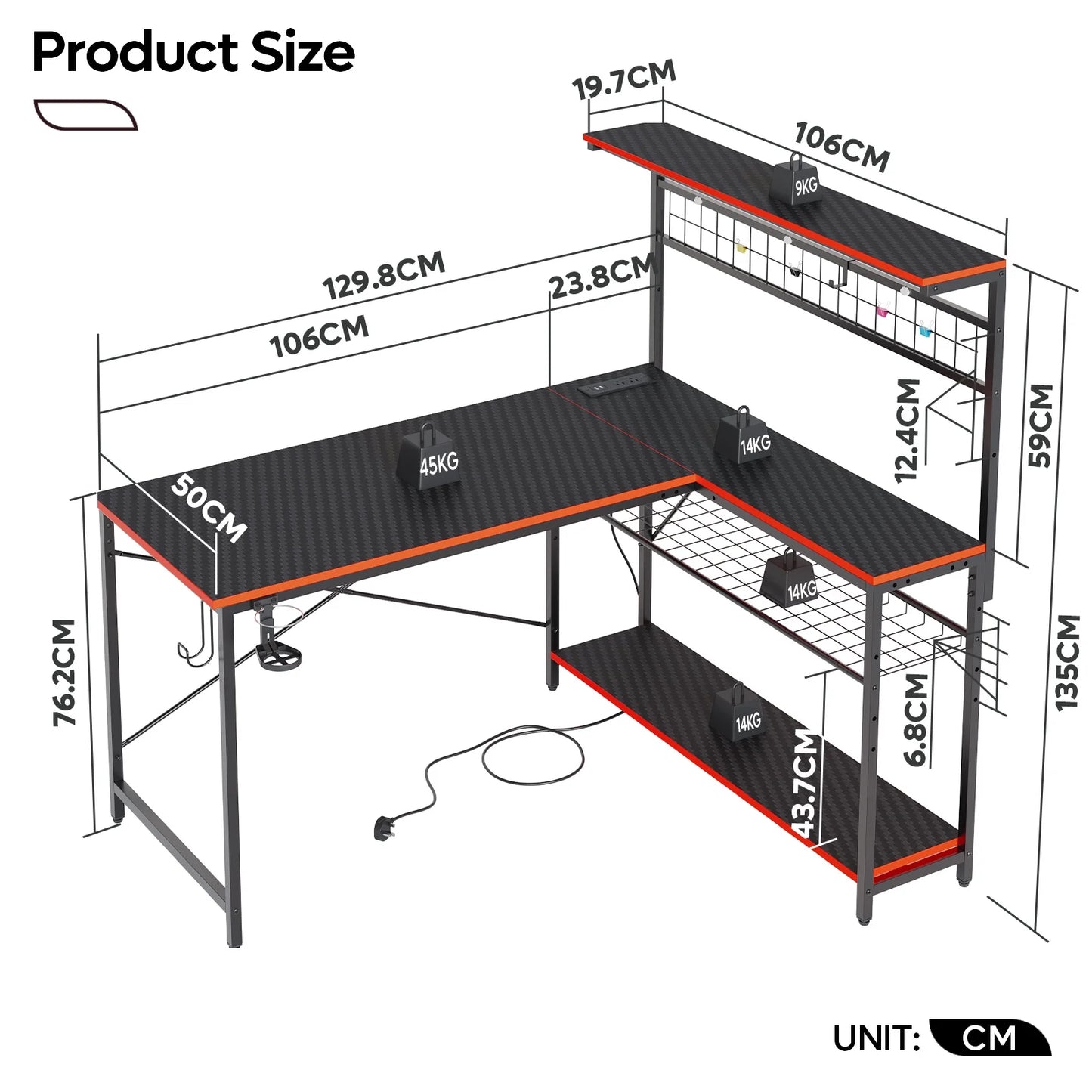 51 L Shaped Gaming Desk with Power Outlets, LED Workstation with 4 Tiers Shelves for Home Office, Gamer Reversible Table with Hooks and Cup Holder, Black Carbon Fiber