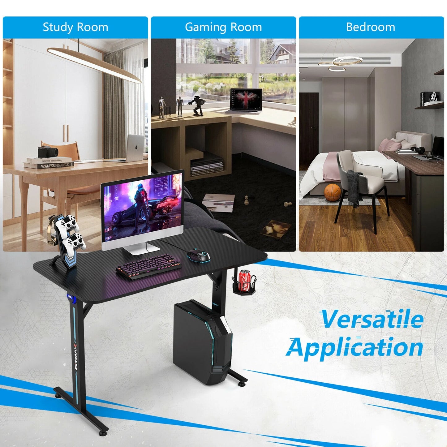Gaming Desk Home Office PC Computer Desk W/Led Lignt&Gaming Handle Rack