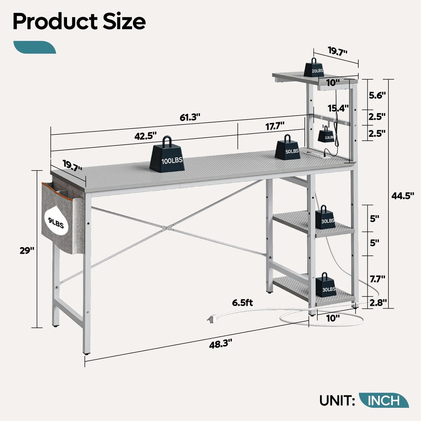61" Reversible Gaming Computer Desk with Power Outlet LED Desk with 4 Tier Shelves, Grey Carbon Fiber