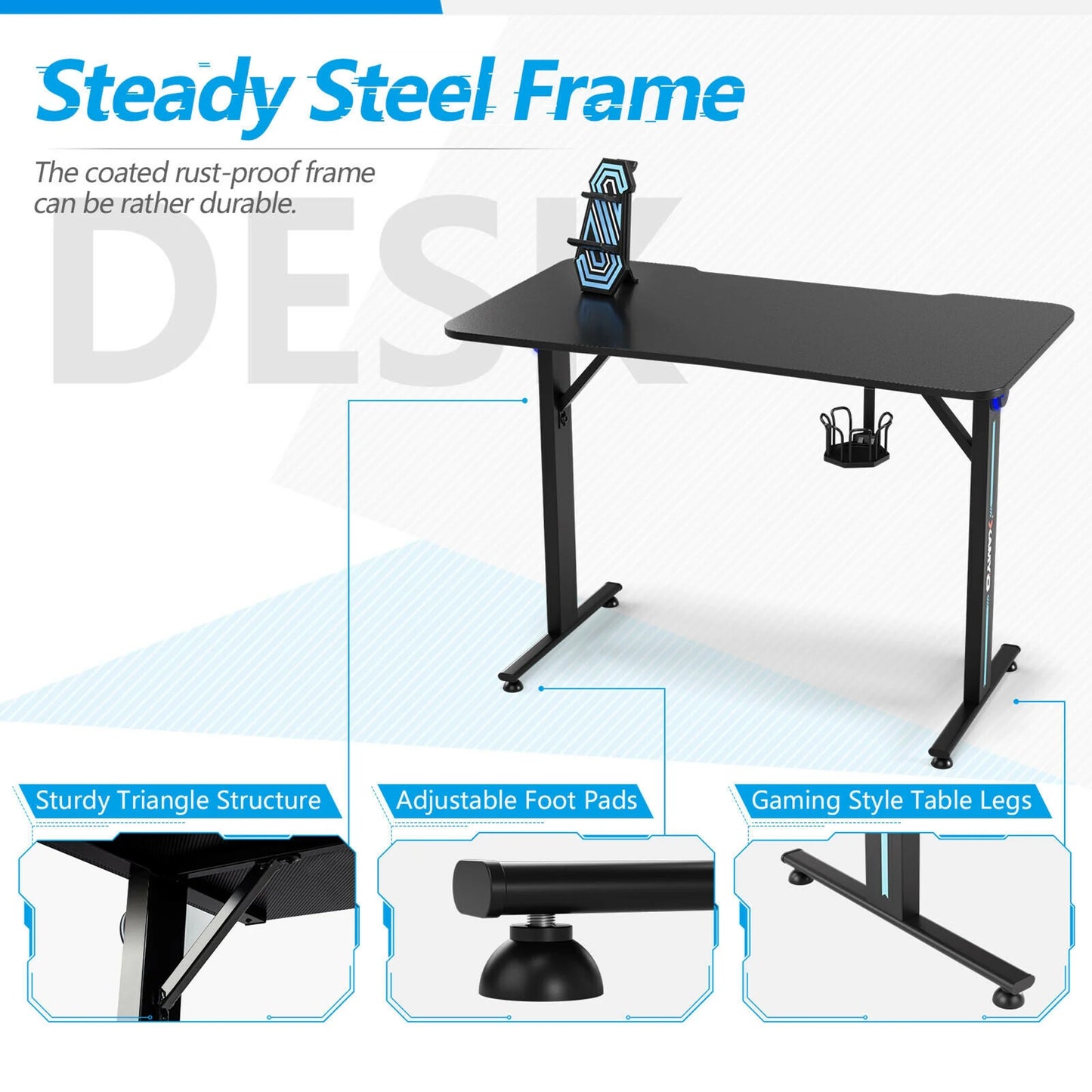 Gaming Desk Home Office PC Computer Desk W/Led Lignt&Gaming Handle Rack