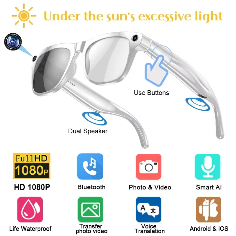 1080P HD Smart Glasses Color-Changing Lens 800W Pixel Bluetooth AI GPT Camera Call Voice Assistant Translate Identify Objects