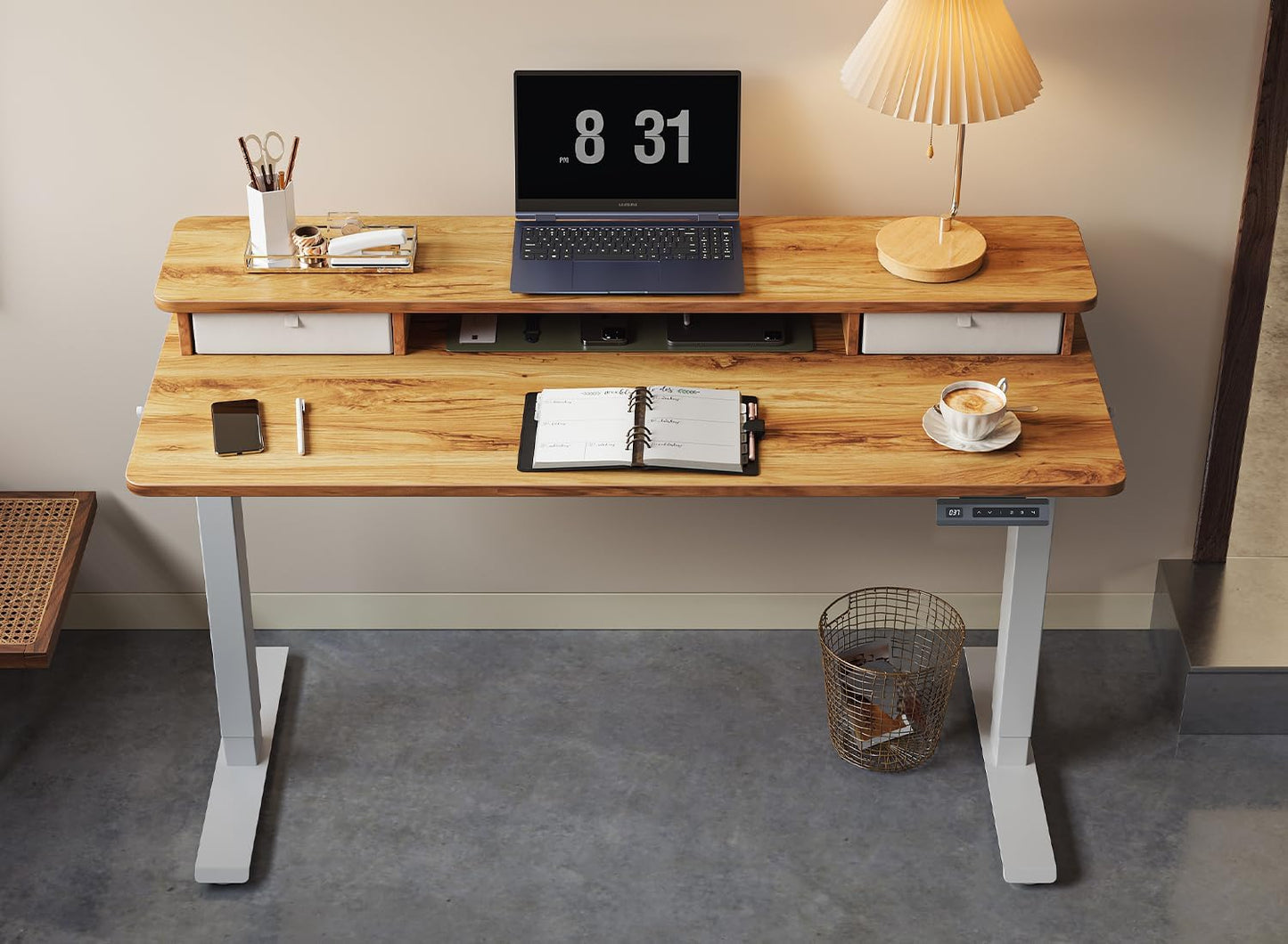 40 X 24 Inch Height Adjustable Electric Standing Desk with Double Drawer, Computer Desk, Home Office Stand up Table with 4 Height-Adjustable Feets & 2 Hooks, Light Rustic