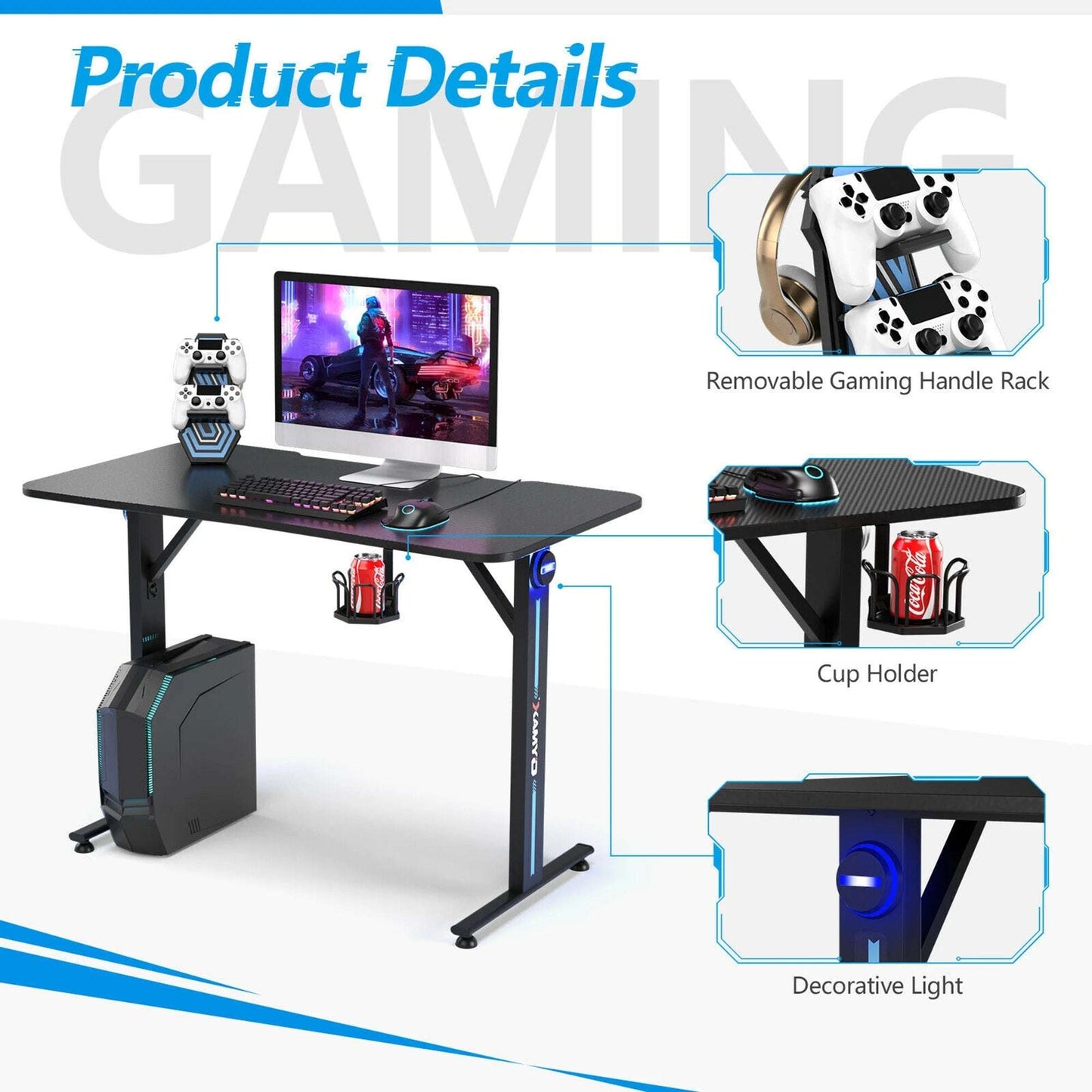 Gaming Desk Home Office PC Computer Desk W/Led Lignt&Gaming Handle Rack