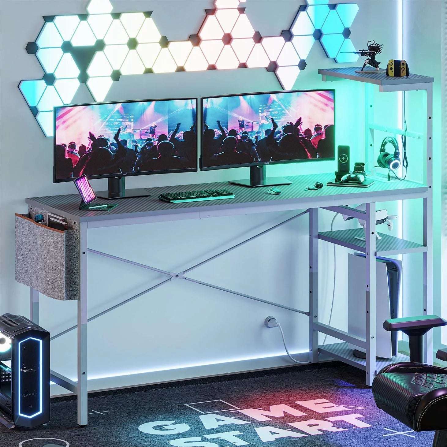 61" Reversible Gaming Computer Desk with Power Outlet LED Desk with 4 Tier Shelves, Grey Carbon Fiber