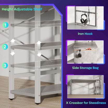 61" Reversible Gaming Computer Desk with Power Outlet LED Desk with 4 Tier Shelves, Grey Carbon Fiber