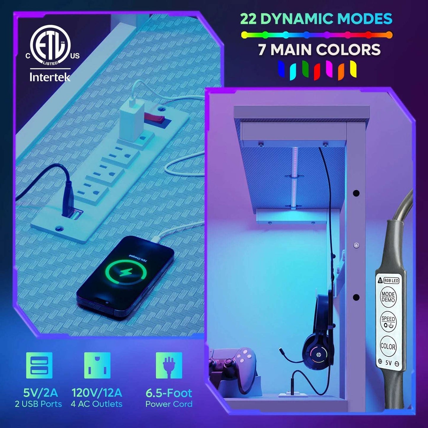 61" Reversible Gaming Computer Desk with Power Outlet LED Desk with 4 Tier Shelves, Grey Carbon Fiber