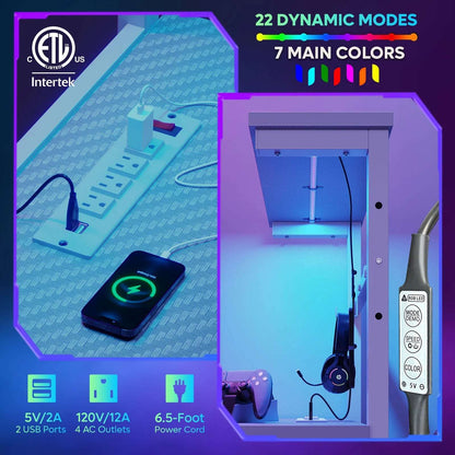 61" Reversible Gaming Computer Desk with Power Outlet LED Desk with 4 Tier Shelves, Grey Carbon Fiber