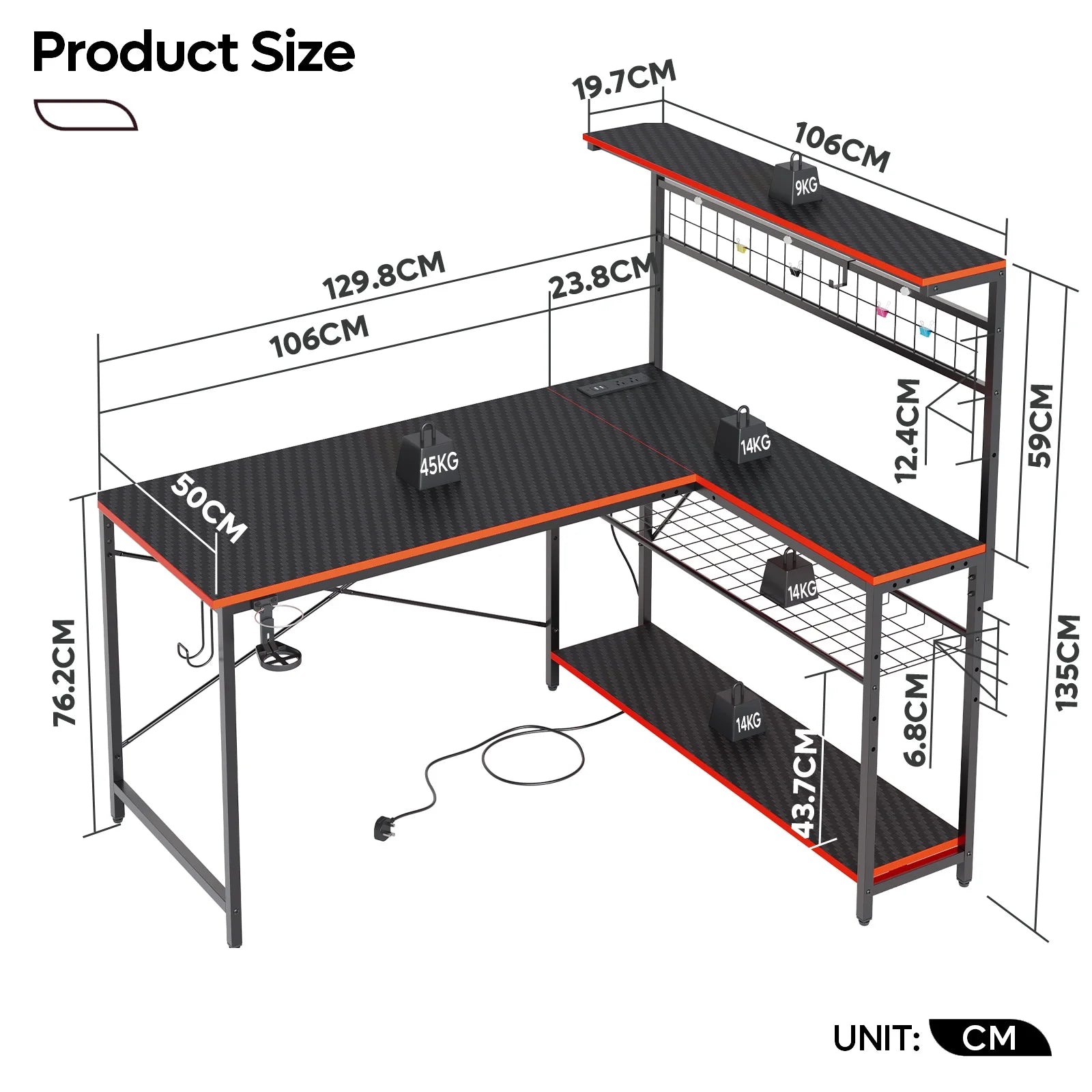 51 L Shaped Gaming Desk with Power Outlets, LED Workstation with 4 Tiers Shelves for Home Office, Gamer Reversible Table with Hooks and Cup Holder, Black Carbon Fiber