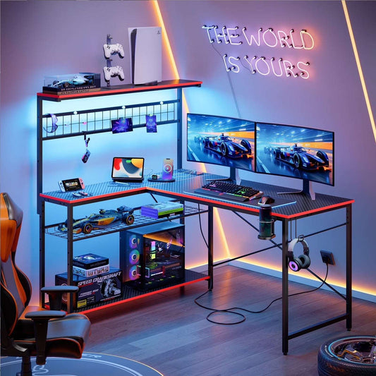 51 L Shaped Gaming Desk with Power Outlets, LED Workstation with 4 Tiers Shelves for Home Office, Gamer Reversible Table with Hooks and Cup Holder, Black Carbon Fiber