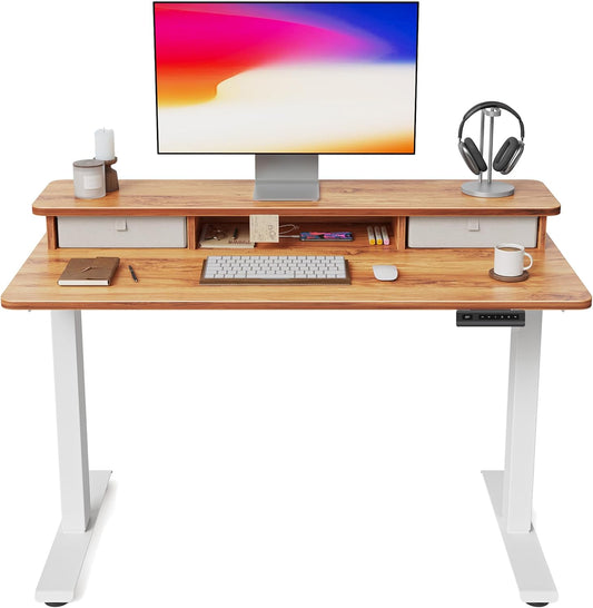 40 X 24 Inch Height Adjustable Electric Standing Desk with Double Drawer, Computer Desk, Home Office Stand up Table with 4 Height-Adjustable Feets & 2 Hooks, Light Rustic