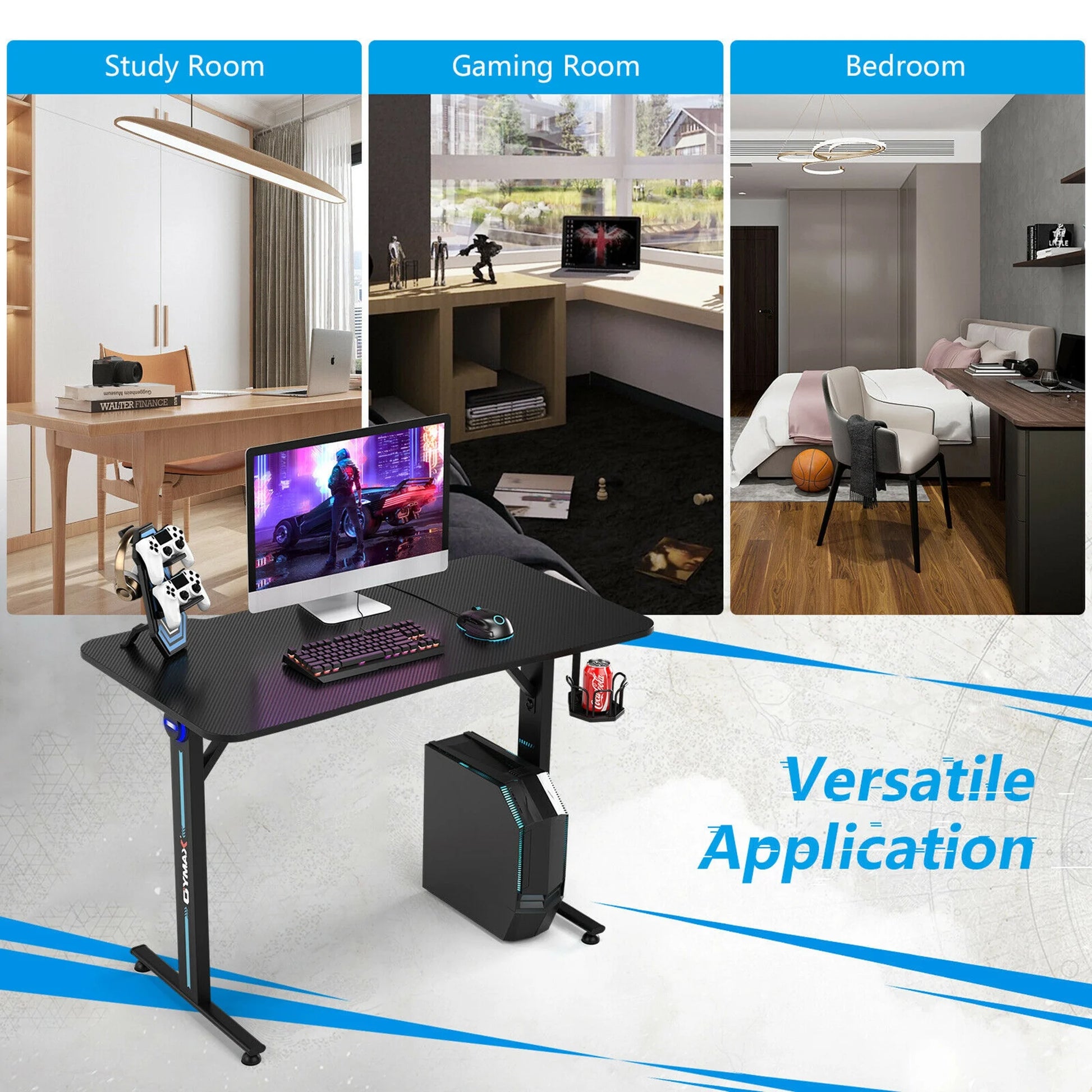 Gaming Desk Home Office PC Computer Desk W/Led Lignt&Gaming Handle Rack