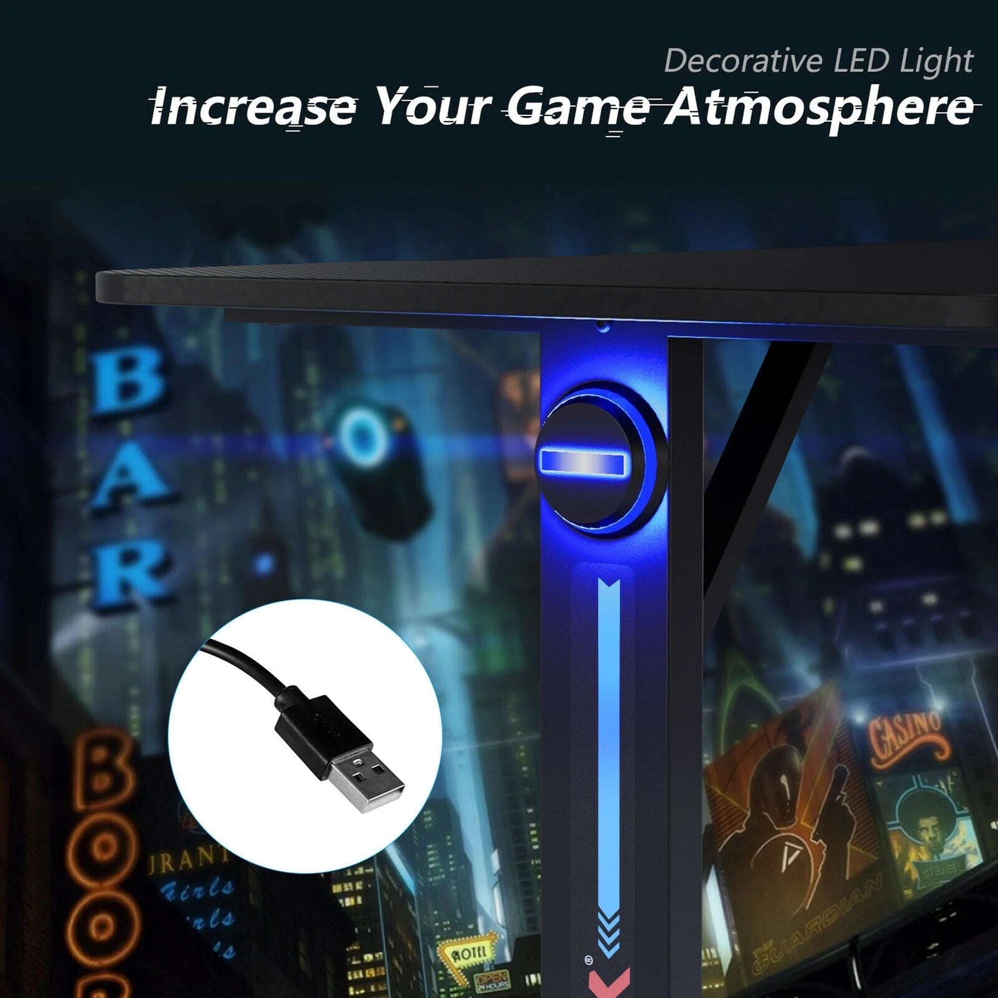 Gaming Desk Home Office PC Computer Desk W/Led Lignt&Gaming Handle Rack