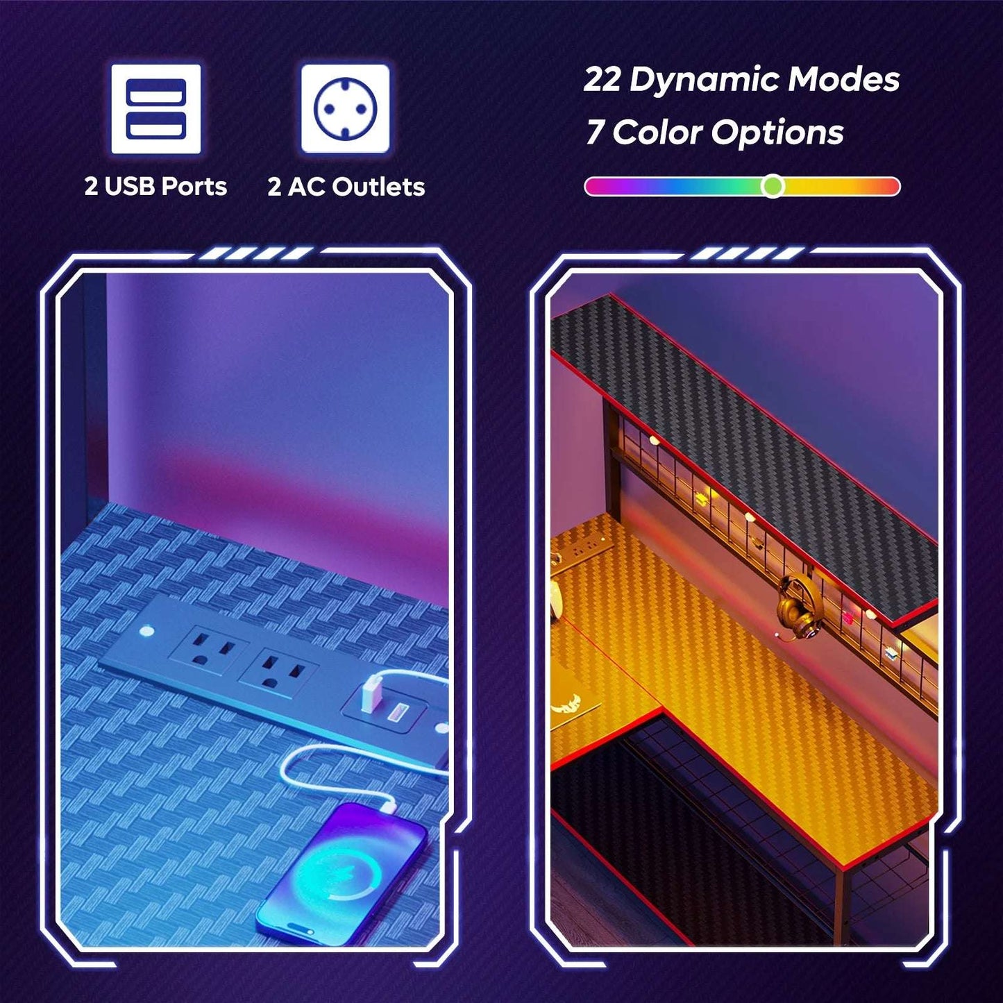 51 L Shaped Gaming Desk with Power Outlets, LED Workstation with 4 Tiers Shelves for Home Office, Gamer Reversible Table with Hooks and Cup Holder, Black Carbon Fiber