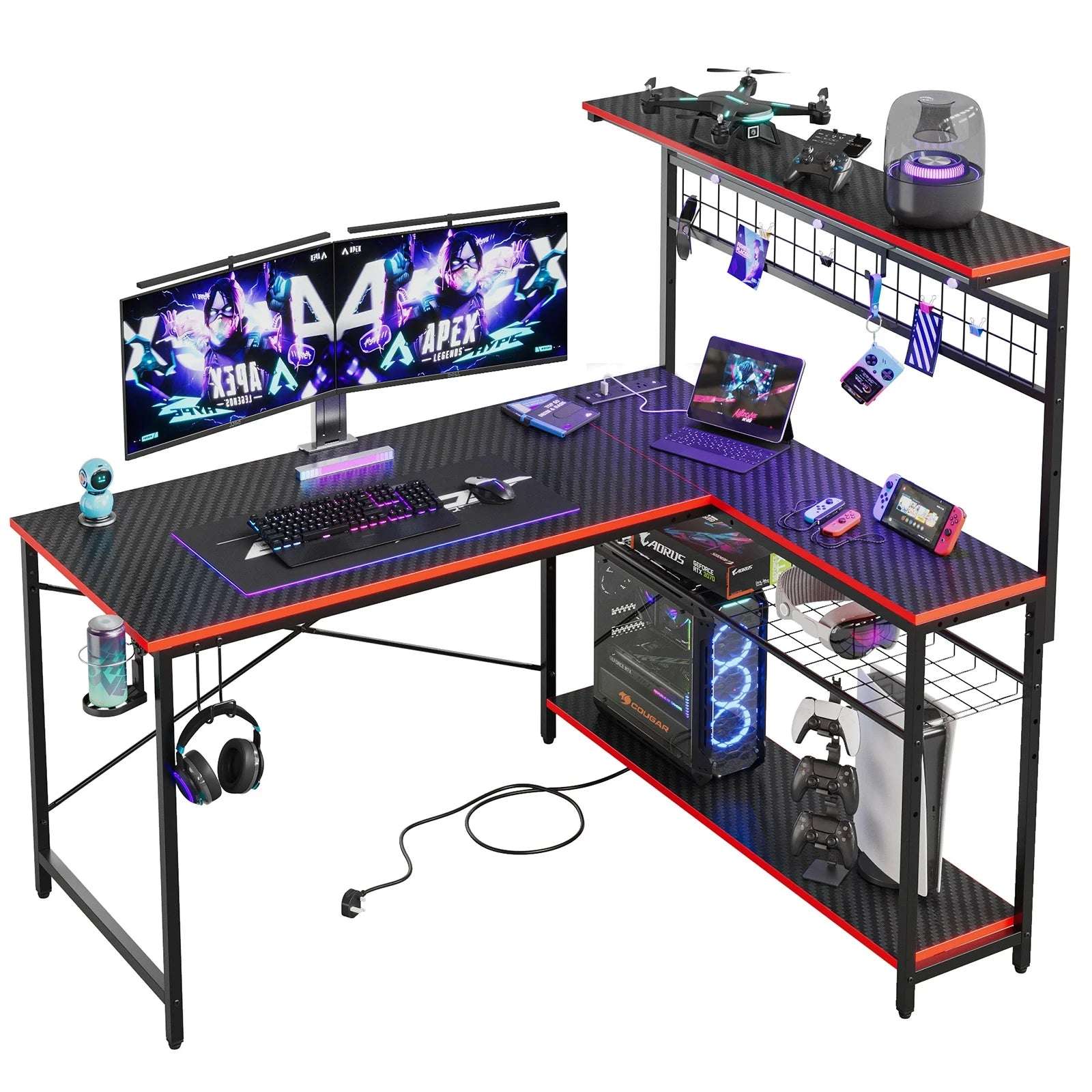 51 L Shaped Gaming Desk with Power Outlets, LED Workstation with 4 Tiers Shelves for Home Office, Gamer Reversible Table with Hooks and Cup Holder, Black Carbon Fiber