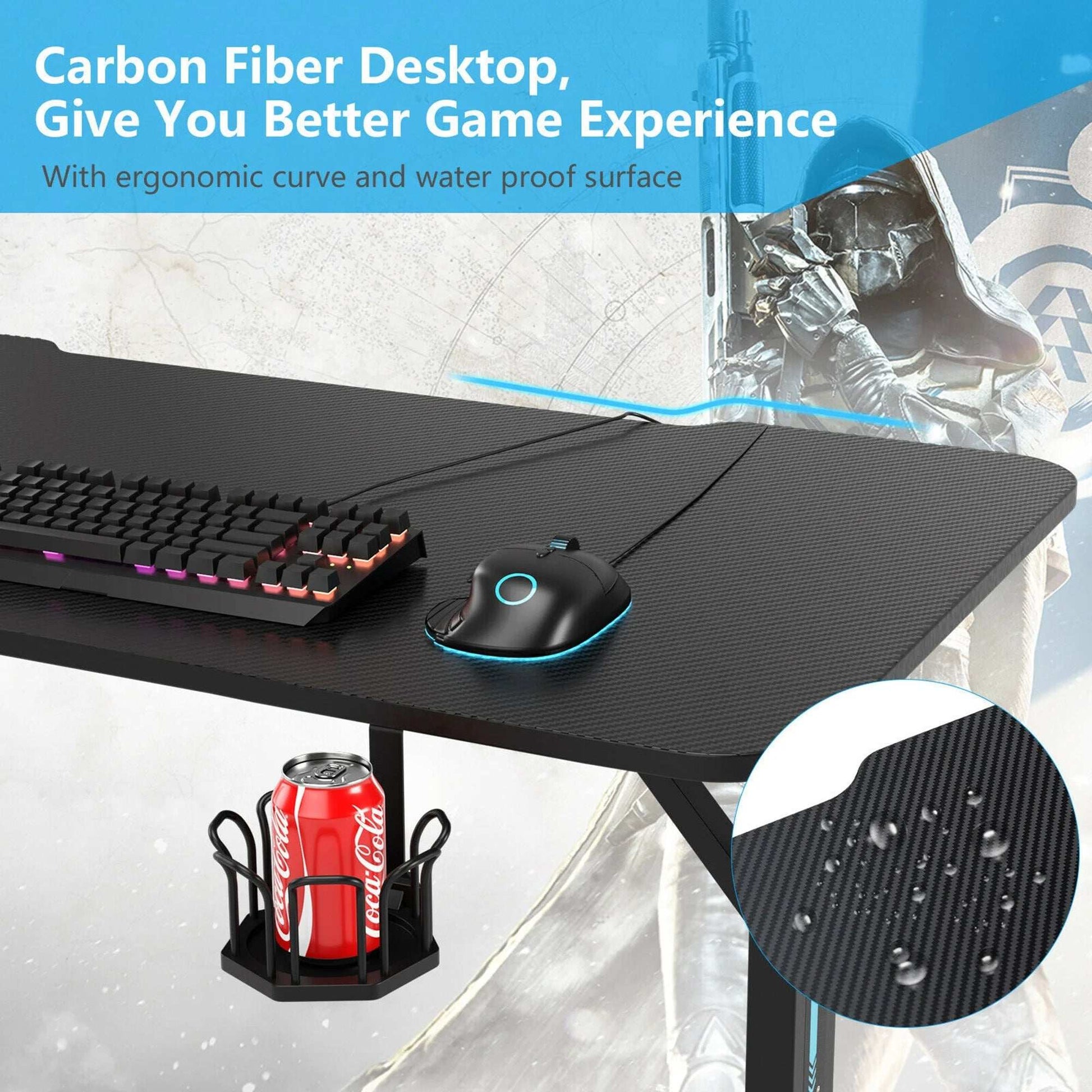 Gaming Desk Home Office PC Computer Desk W/Led Lignt&Gaming Handle Rack