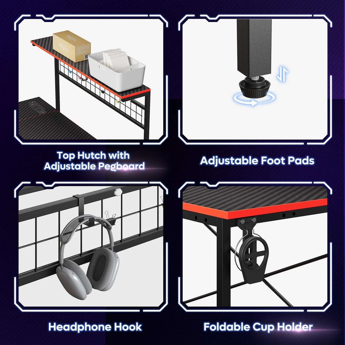 51 L Shaped Gaming Desk with Power Outlets, LED Workstation with 4 Tiers Shelves for Home Office, Gamer Reversible Table with Hooks and Cup Holder, Black Carbon Fiber