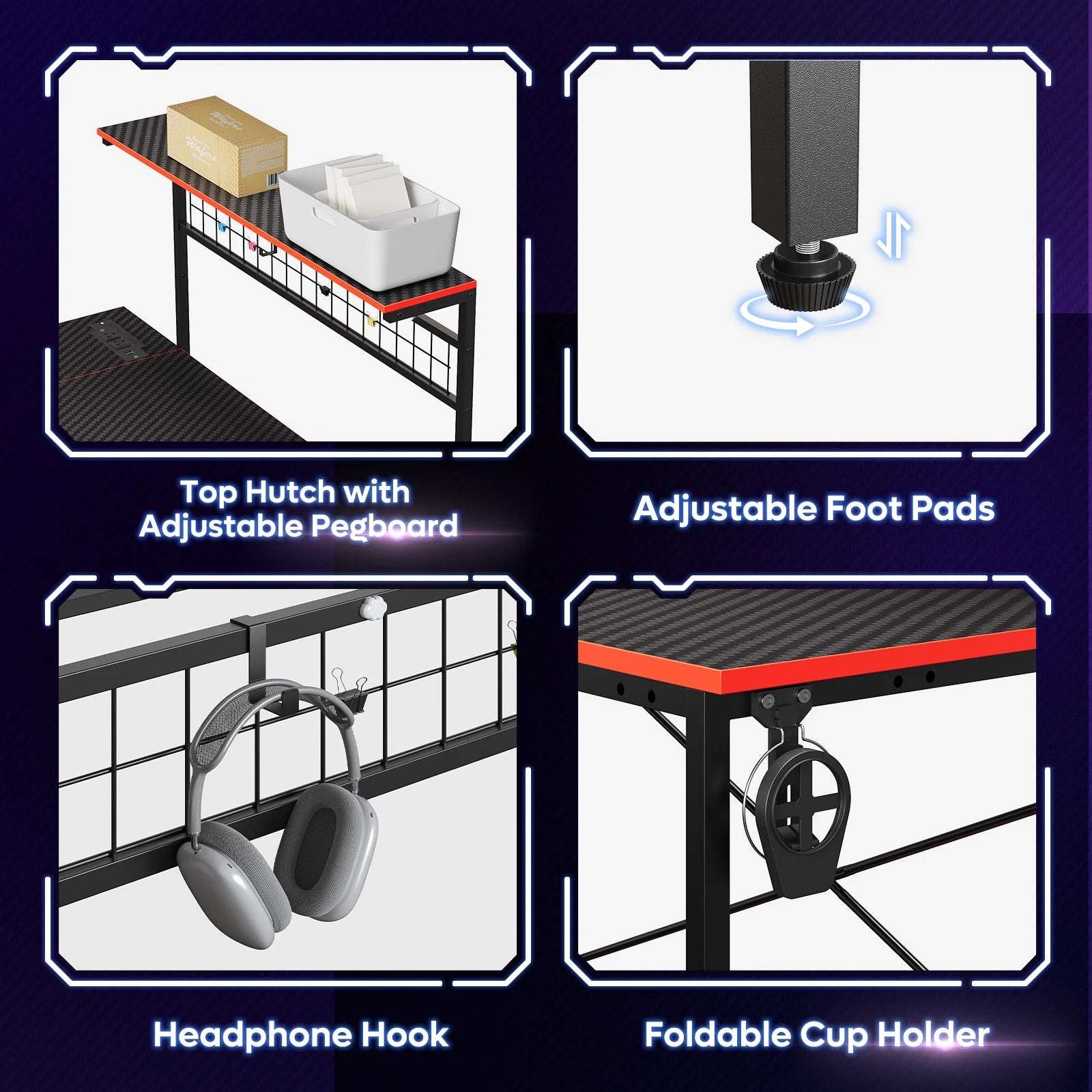 51 L Shaped Gaming Desk with Power Outlets, LED Workstation with 4 Tiers Shelves for Home Office, Gamer Reversible Table with Hooks and Cup Holder, Black Carbon Fiber