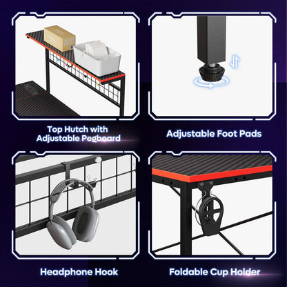 51 L Shaped Gaming Desk with Power Outlets, LED Workstation with 4 Tiers Shelves for Home Office, Gamer Reversible Table with Hooks and Cup Holder, Black Carbon Fiber