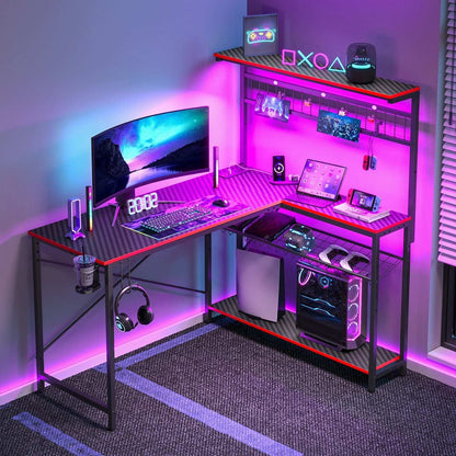51 L Shaped Gaming Desk with Power Outlets, LED Workstation with 4 Tiers Shelves for Home Office, Gamer Reversible Table with Hooks and Cup Holder, Black Carbon Fiber
