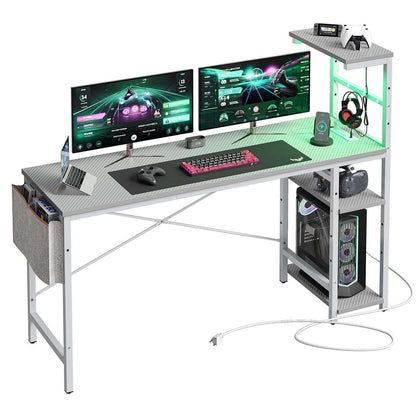 61" Reversible Gaming Computer Desk with Power Outlet LED Desk with 4 Tier Shelves, Grey Carbon Fiber