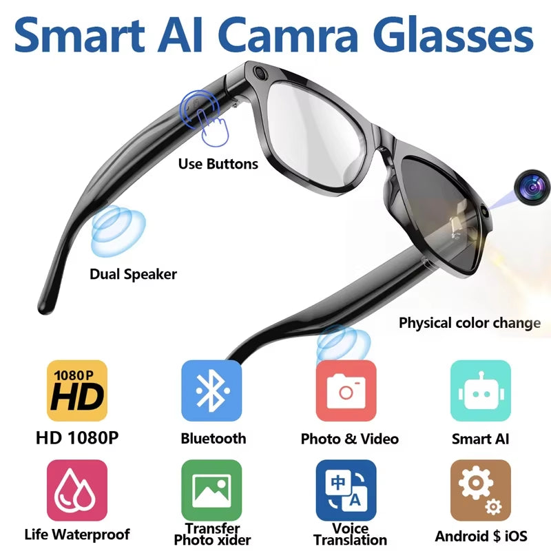 1080P HD Smart Glasses Color-Changing Lens 800W Pixel Bluetooth AI GPT Camera Call Voice Assistant Translate Identify Objects