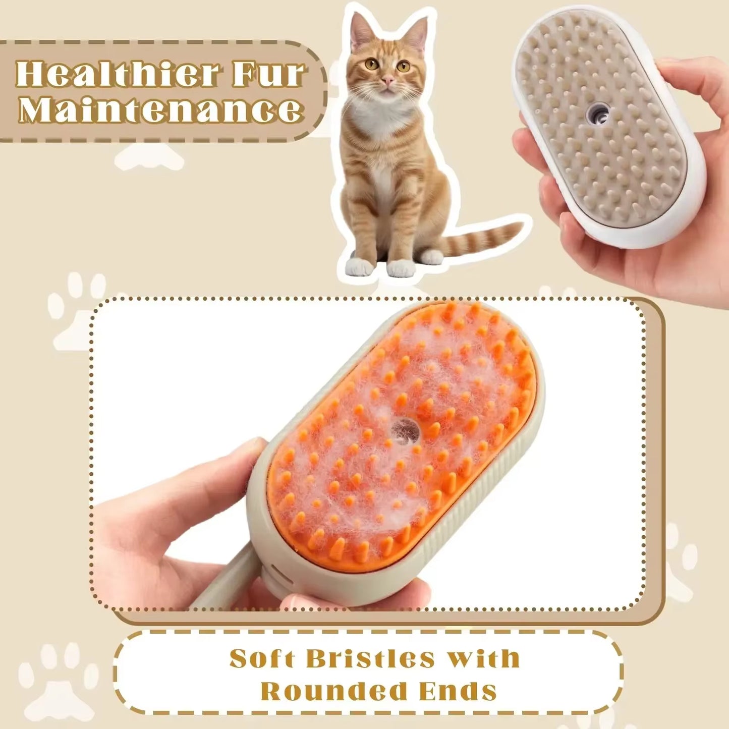 Massage Brush with Cat and Dog Spray, Steam Brush 3 in 1 with Button, Folding, Rotating, Floating, Used for Hair Removal