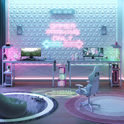 61" Reversible Gaming Computer Desk with Power Outlet LED Desk with 4 Tier Shelves, Grey Carbon Fiber