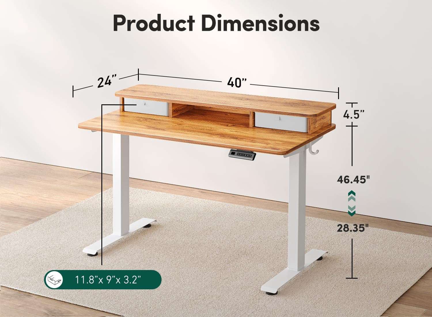 40 X 24 Inch Height Adjustable Electric Standing Desk with Double Drawer, Computer Desk, Home Office Stand up Table with 4 Height-Adjustable Feets & 2 Hooks, Light Rustic