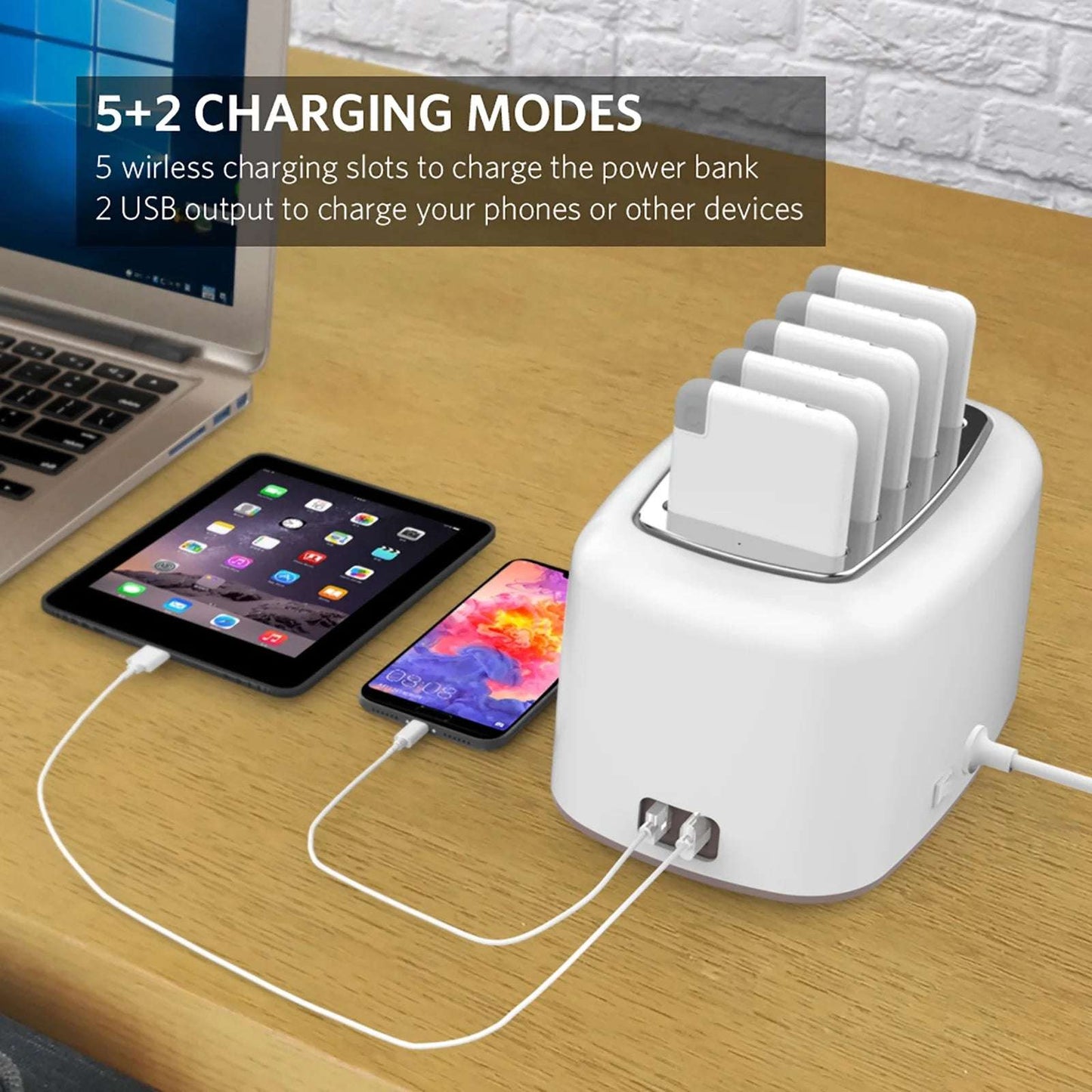 Wireless Charging Station with 5PCS Power Bank, 10000Mah Portable Charger with Built in Cable Compatible with Iphone/Samsung/Android for Home, Office, Bar, Restaurant (White)