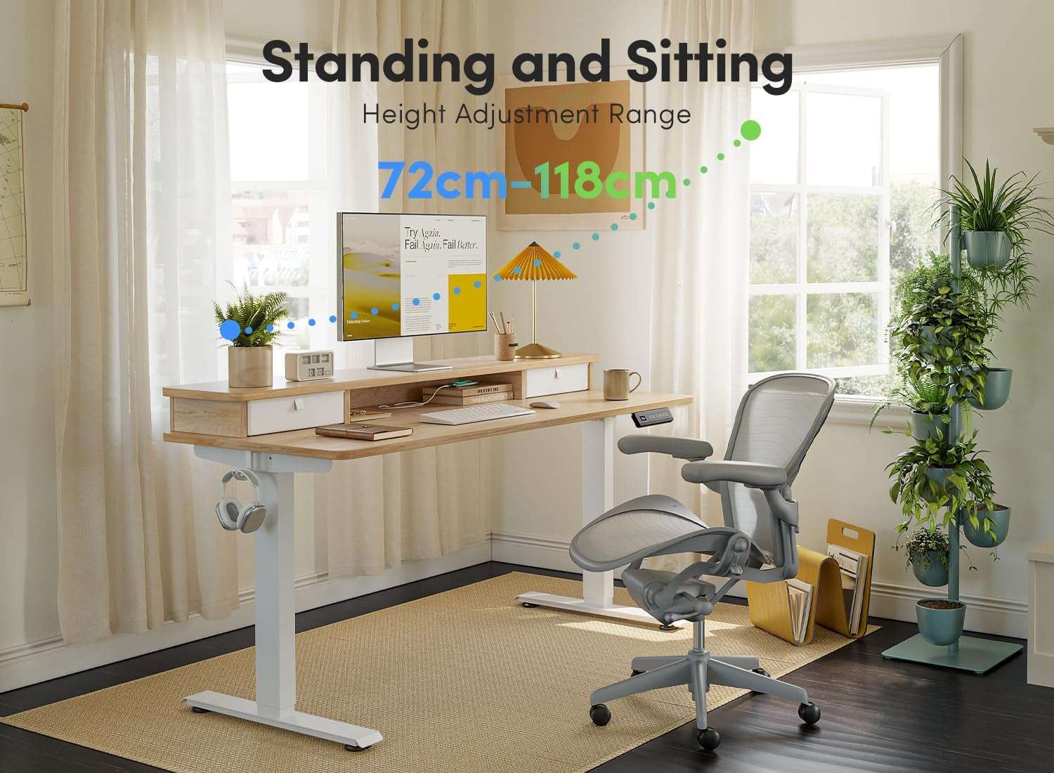40 X 24 Inch Height Adjustable Electric Standing Desk with Double Drawer, Computer Desk, Home Office Stand up Table with 4 Height-Adjustable Feets & 2 Hooks, Light Rustic