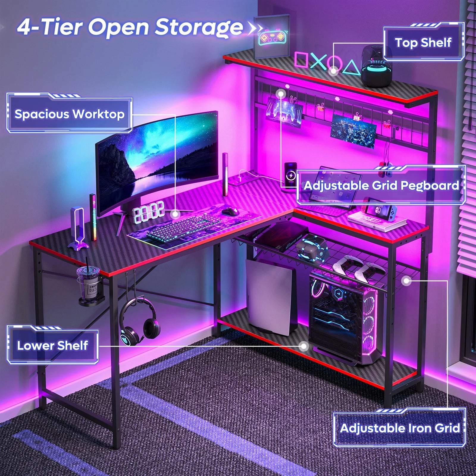 51 L Shaped Gaming Desk with Power Outlets, LED Workstation with 4 Tiers Shelves for Home Office, Gamer Reversible Table with Hooks and Cup Holder, Black Carbon Fiber