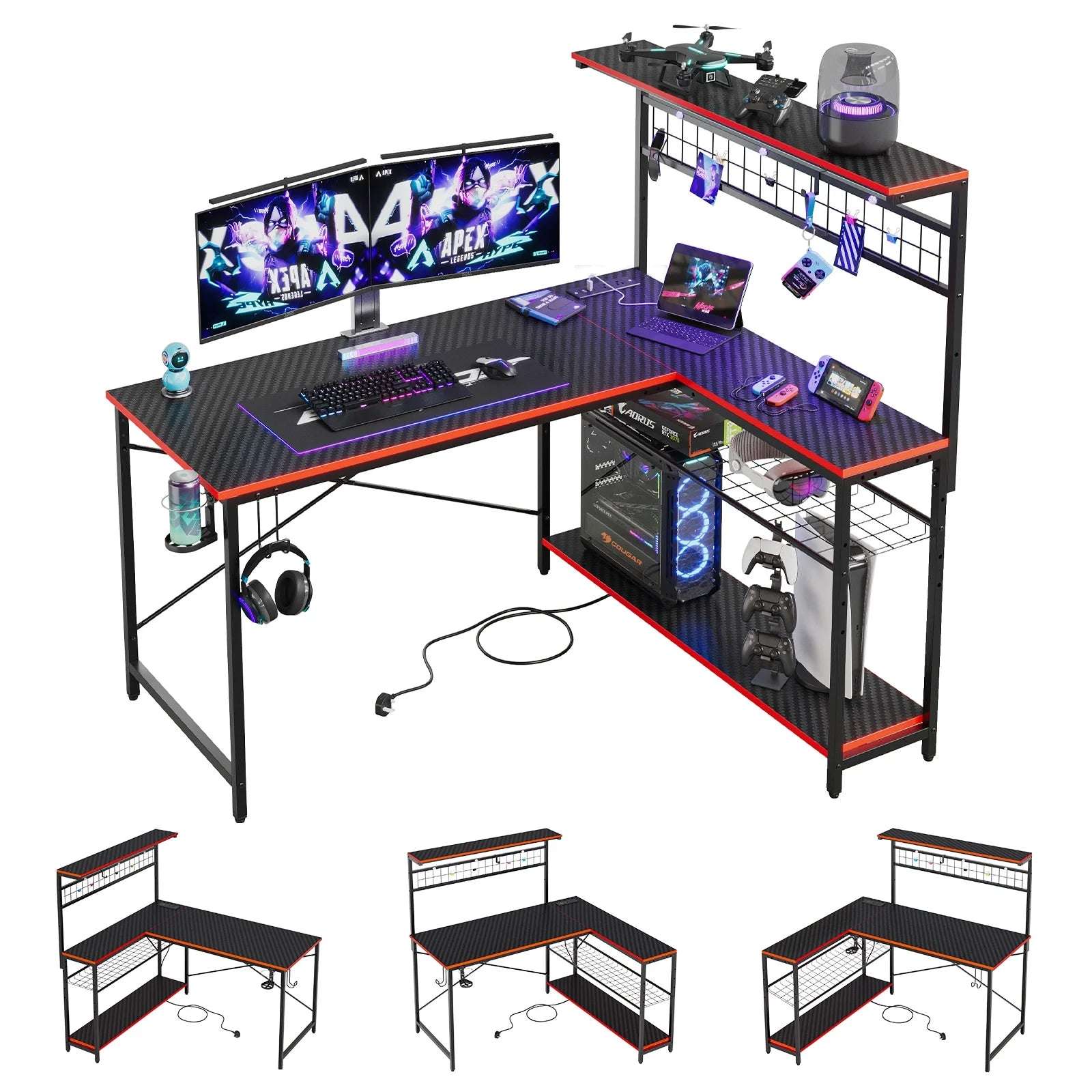 51 L Shaped Gaming Desk with Power Outlets, LED Workstation with 4 Tiers Shelves for Home Office, Gamer Reversible Table with Hooks and Cup Holder, Black Carbon Fiber