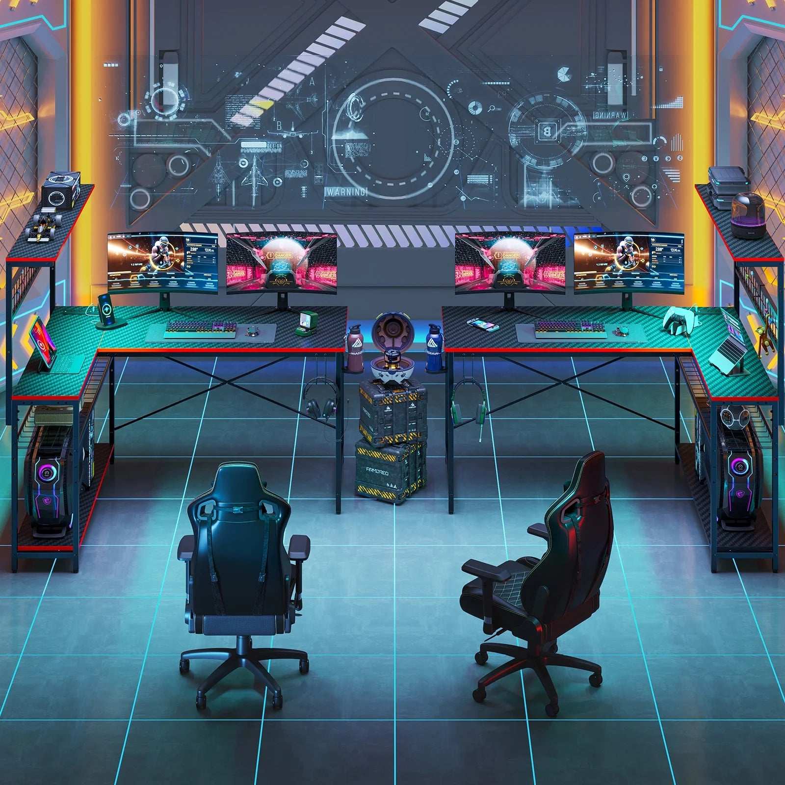 51 L Shaped Gaming Desk with Power Outlets, LED Workstation with 4 Tiers Shelves for Home Office, Gamer Reversible Table with Hooks and Cup Holder, Black Carbon Fiber