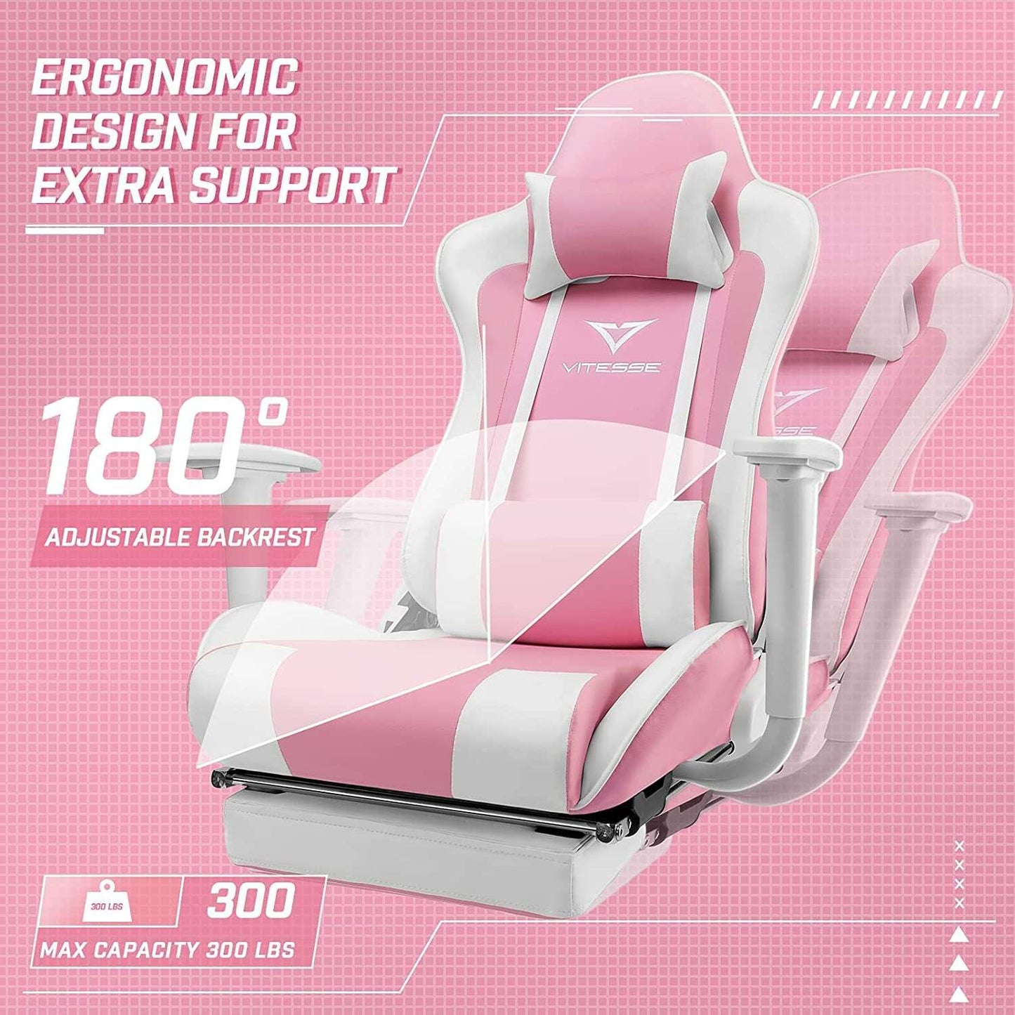Pink Gaming Chair with Footrest Cute Kawaii Gaming Chair for Girl Gamer Chair Ergonomic Office Desk Chair Racing Chair Adjustable High Back Chair with Lumbar Support and Headrest,Pink/White