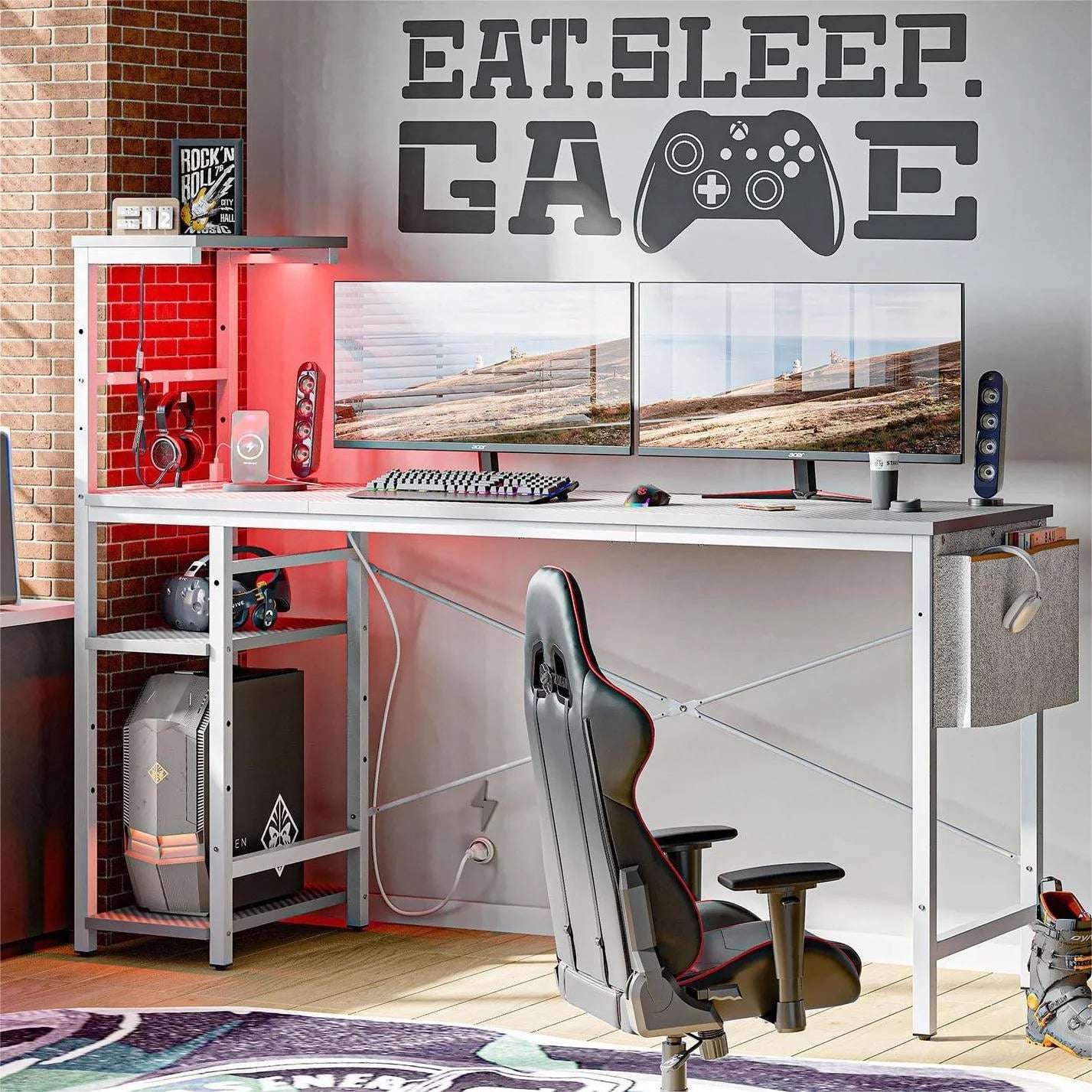 61" Reversible Gaming Computer Desk with Power Outlet LED Desk with 4 Tier Shelves, Grey Carbon Fiber